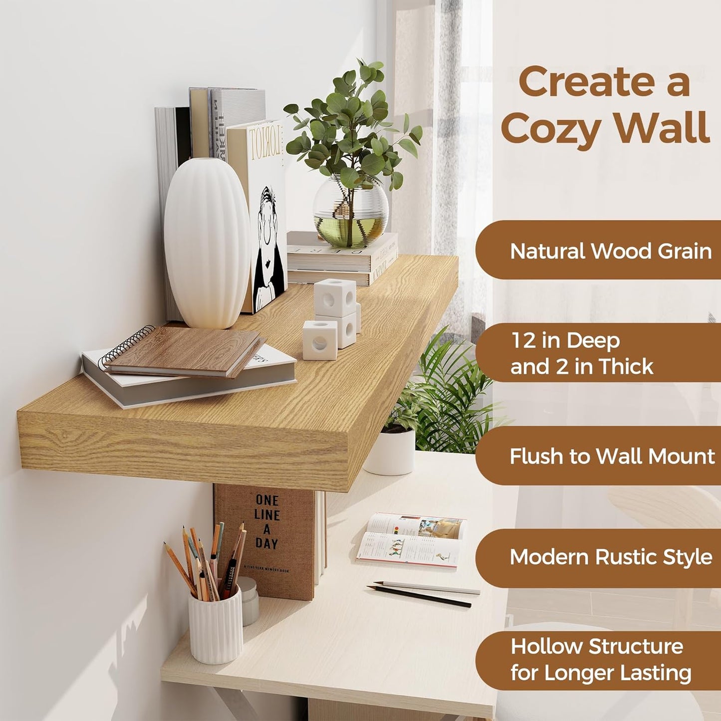 Floating Shelves 36 Inch Long, 12 Inch Deep Floating Shelves for Wall, 36 x 12 Shelves for Wall Storage & Display, 2" Thick Floating Shelf for Bathroom, Living Room, Bedroom, Oak Color, Set of 1
