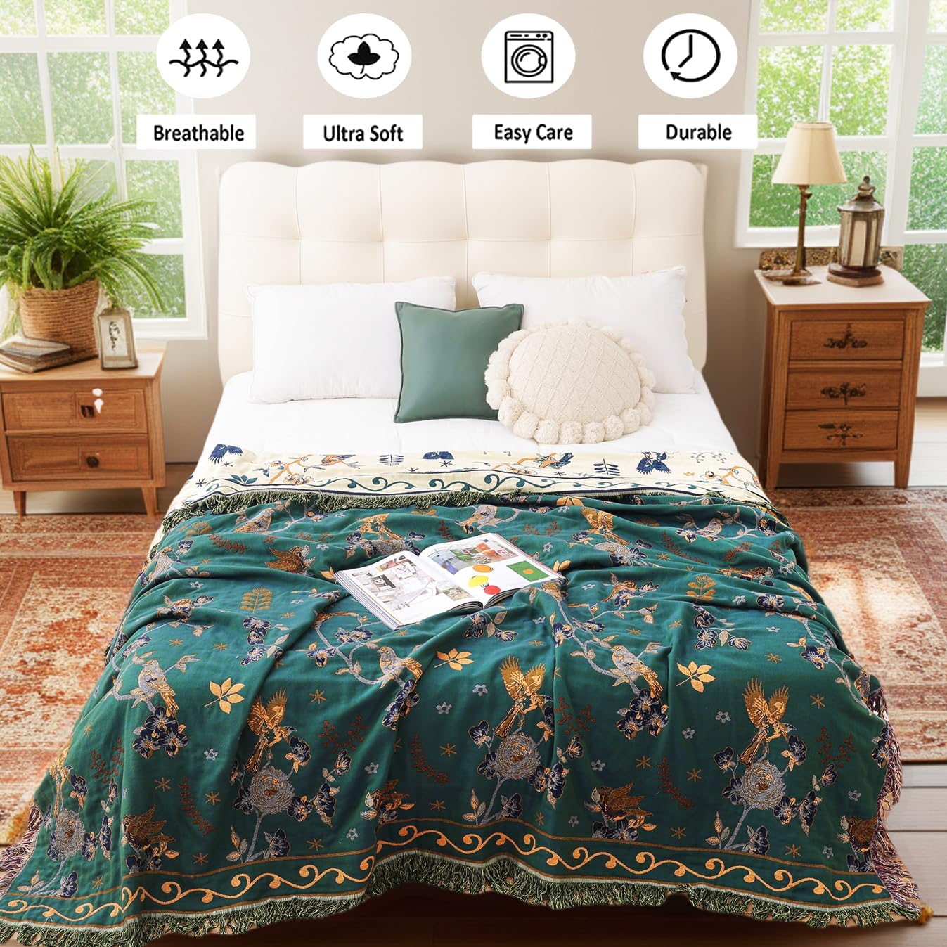 Boho 100% Organic Cotton Large Throw Blanket 50" x 60" - All Season Rustic Ultra Soft Breathable Floral Bird Blanket for Bed Sofa Couch Chair Bedspread Quilt Gift-Teal,Beige