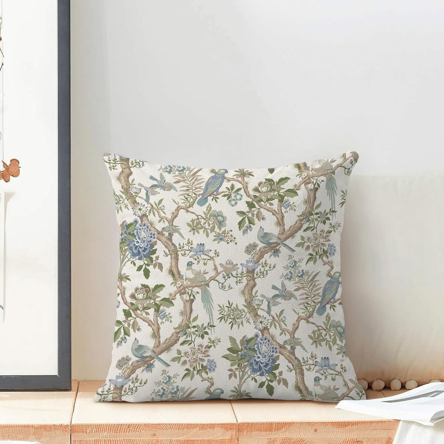 CXMEIFLY Chinoiserie Spring Pillow Covers 22 x 22 Inch Set of 2 for Blue Sage Green Vintage Flowers Bird Decor Throw Pillows Plant Farmhouse Outdoor Decorative Cushion Cases for Couch Bed Decorations