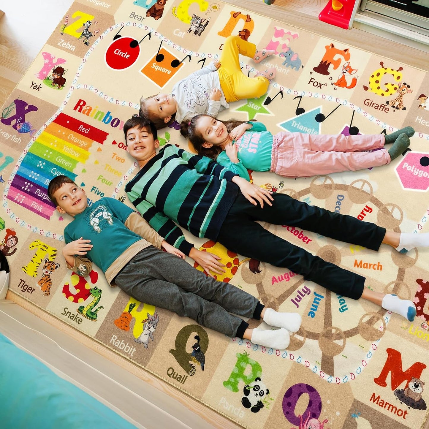 Kids Rugs for Playroom Washable, Educational and Fun Learning Rugs with ABC Alphabet Animals Shapes, Baby Toddler Children's Play Mat for Bedroom Classroom Nursery, 5x7 Feet, Beige and Pink