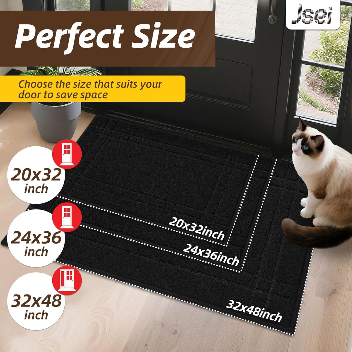 JSEI Entryway Rugs Doormat 20"x32", Non-Slip Dirt Trapper Door Mats Indoor, Washable Absorbent and Stain Resist Welcome Floor Mat for Front Door, Dog Door Mat, Muddy Wet Shoes & Paws, Black
