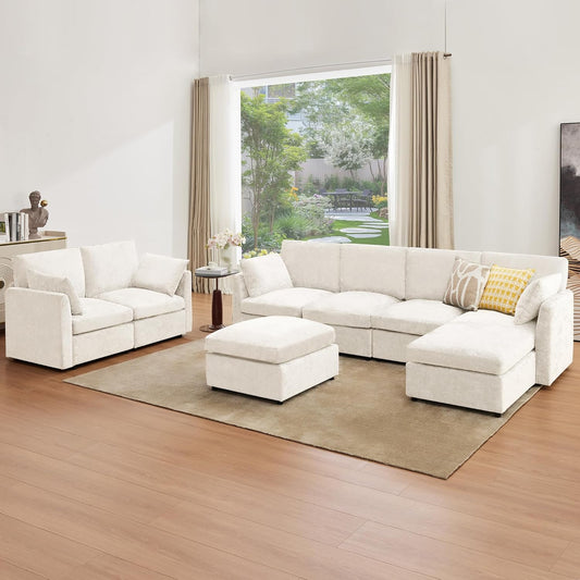 Tbfit U Shaped Couch 8 Seat, Sectional Sofa for Living Room,Chenille Cloud Couch with Ottoman, Beige