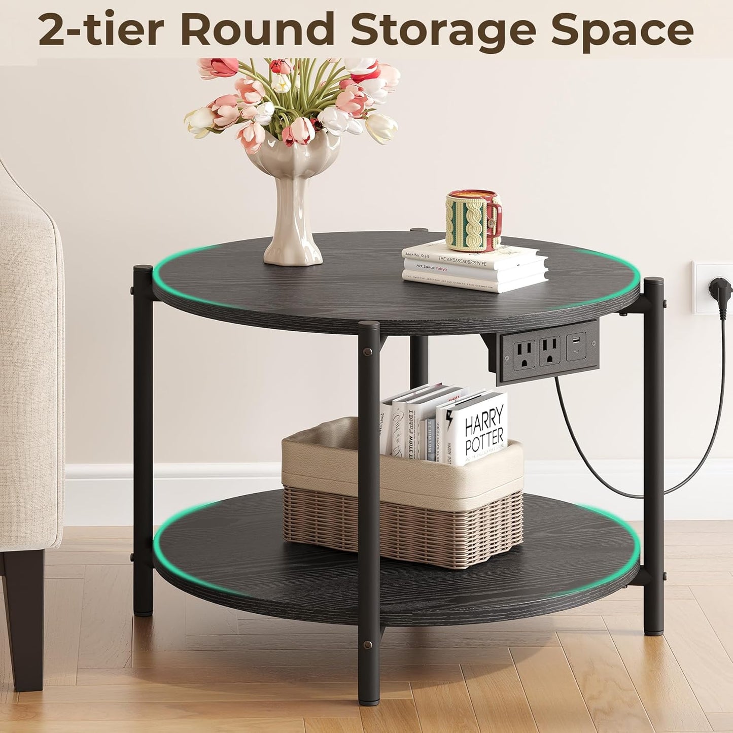 LIKIMIO Side Table, 23.6" W Round End Table with Charging Station, Modern Wooden Nightstand for Small Spaces, Living Room, Bedroom
