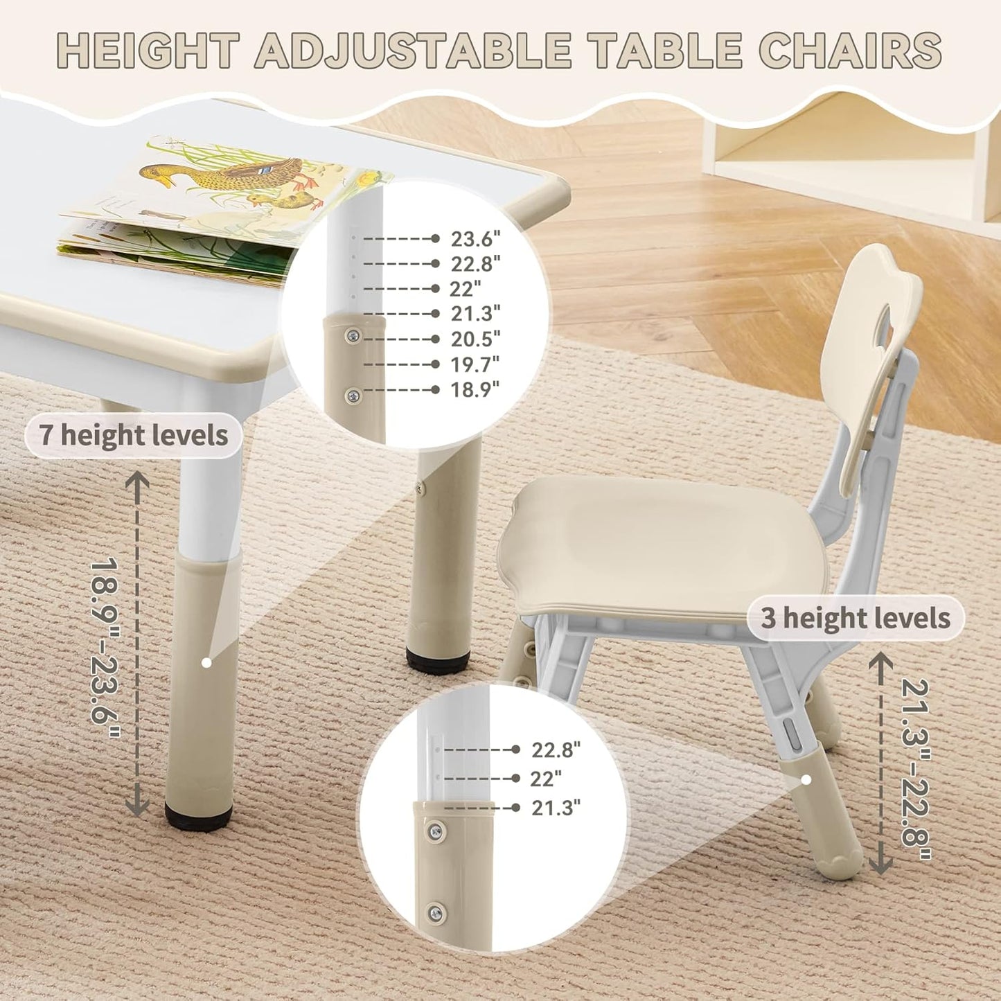Kids Study Table and Chairs Set, Height Adjustable Toddler Table and Chair Set for Kids Ages 3-8, Graffiti Desktop (Burlywood - 1)