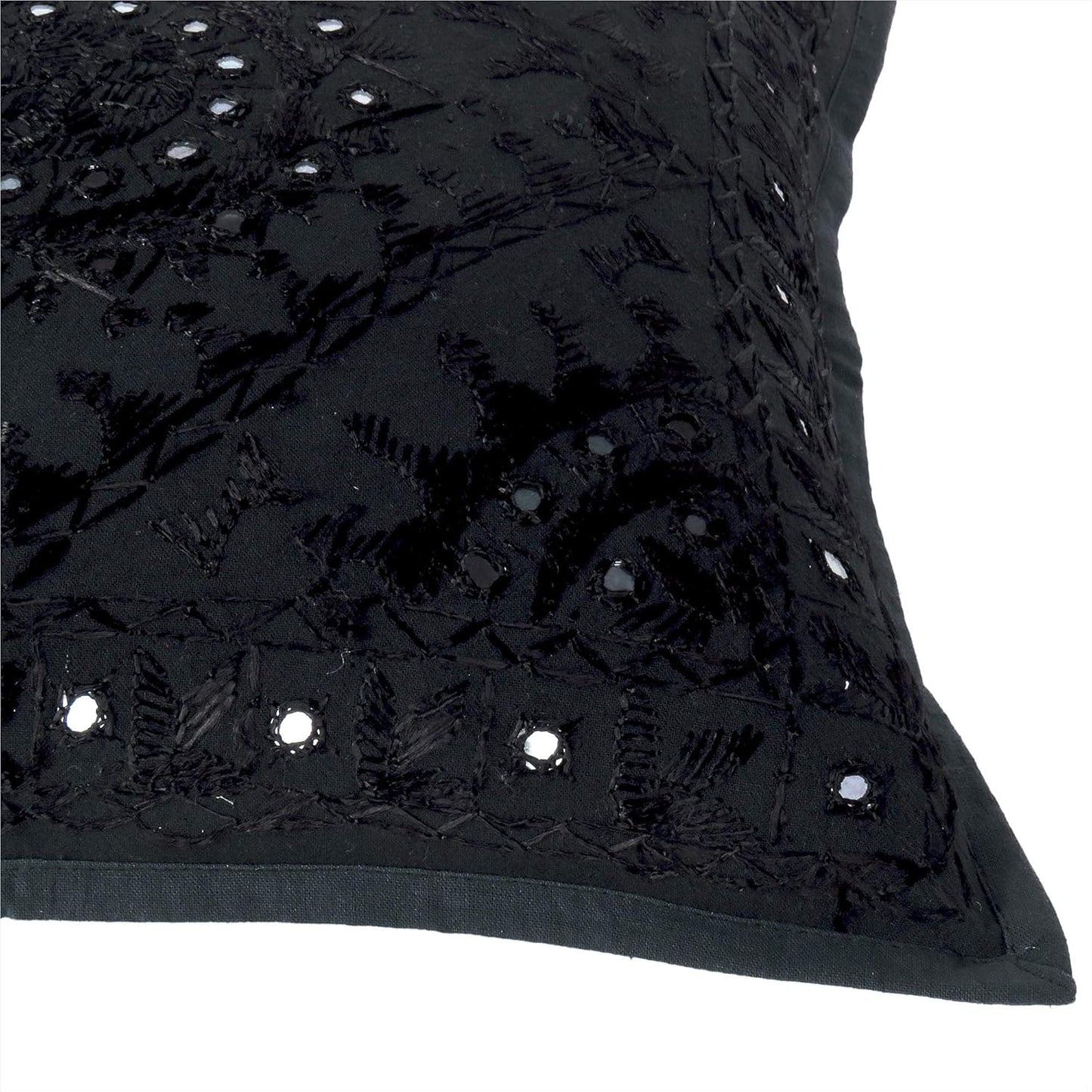 Eyes of India Embroidered Decorative Boho Throw Pillow Cover with Mirrors, Handmade Bohemian Accent Cushion Case for Sofa Couch Bedroom Living Room (Black, 16" x 16")