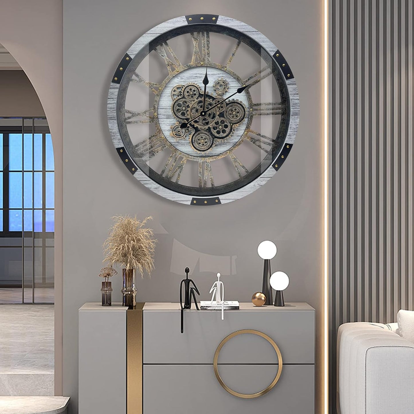 DORBOKER 36" Original Moving Gears Wall Clock, Large Industrial Wall Clock for Living Room Decor, Retro Metal Solid Wood Vintage Farmhouse Steampunk Rustic Clocks for Wall Decor,Silver Grey