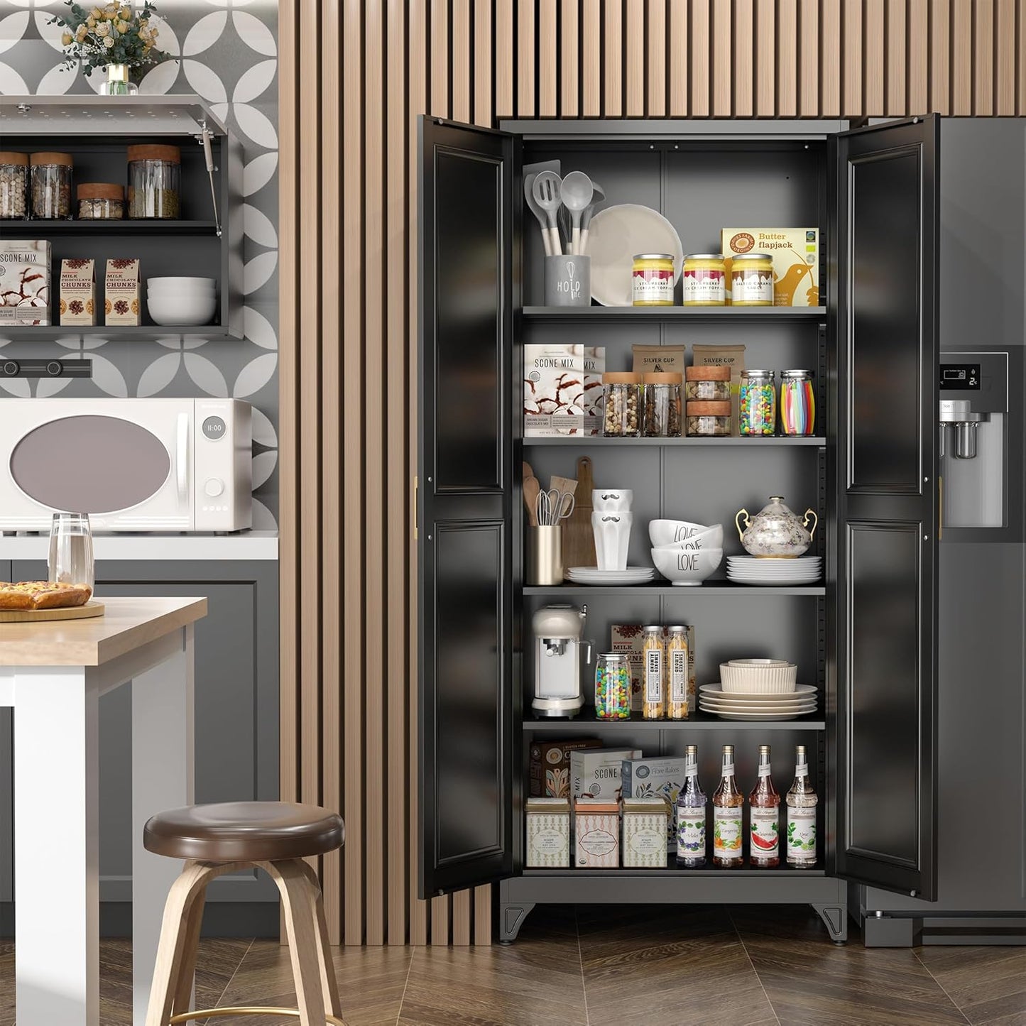Kitchen Pantry Cabinet,75”Black Metal Storage Cabinets with Doors and 4 Adjustable Shelves,Kitchen Cabinet with 2 Gold Handles,Tall Cabinet for Livingroom, Bathroom