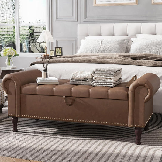 Apicizon 51”Ottoman with Storage, Queen Size End of Bed Storage Bench with Tufted Button, Upholstered Sitting Bench for Front Door Entrance,Bedroom,Dining Room, Entryway，Vintage Brown