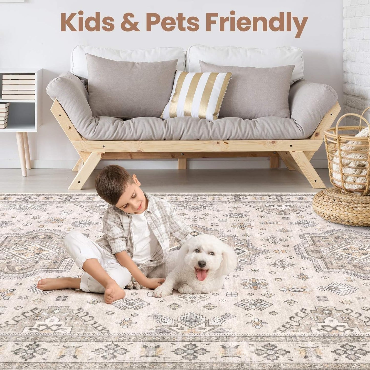 Washable Area Rugs for Living Room -10x13 Neutral Vintage Distressed Floral Farmhouse Boho Large Soft Floor Rug Indoor Non Slip Carpet for Living Room Bedroom Dining Room Office-Beige Brown