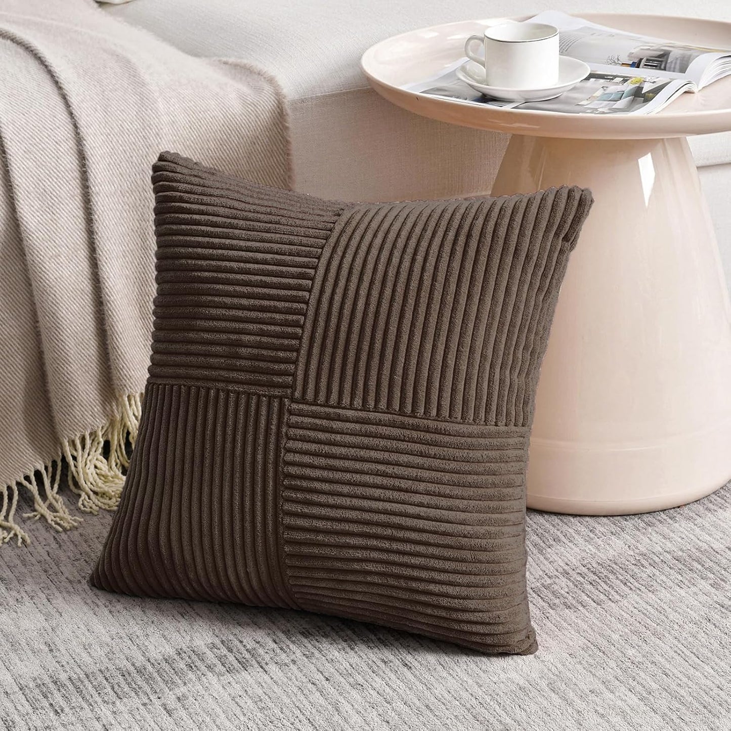 Fancy Homi 2 Packs Dark Brown Samll Decorative Throw Pillow Covers 14x14 Inch with for Couch Bed Sofa, Rustic Farmhouse Boho Home Decor, Soft Corss Patchwork Corduroy Square Cushion Case 35x35 cm