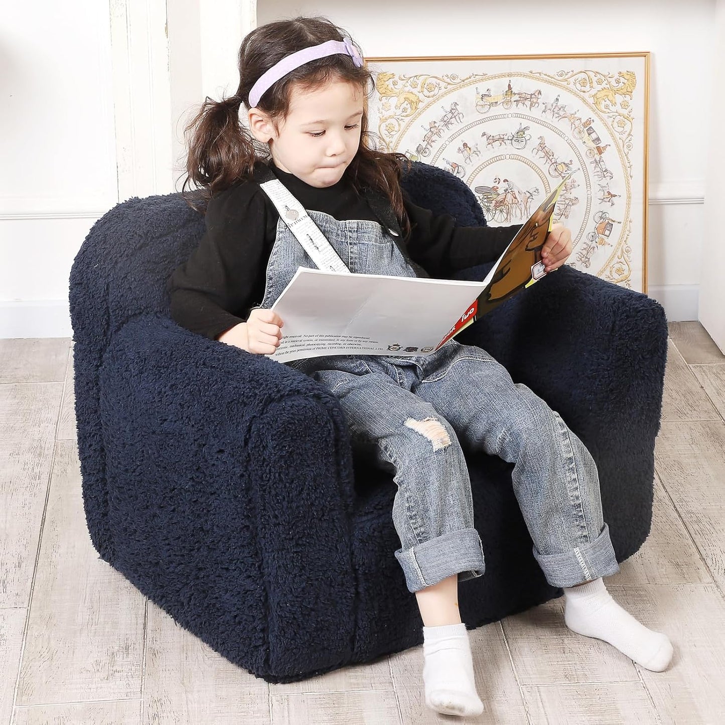 Kids Snuggly-Soft Sherpa Chair, Cuddly Toddler Foam Chair for Boys and Girls, Dark Blue