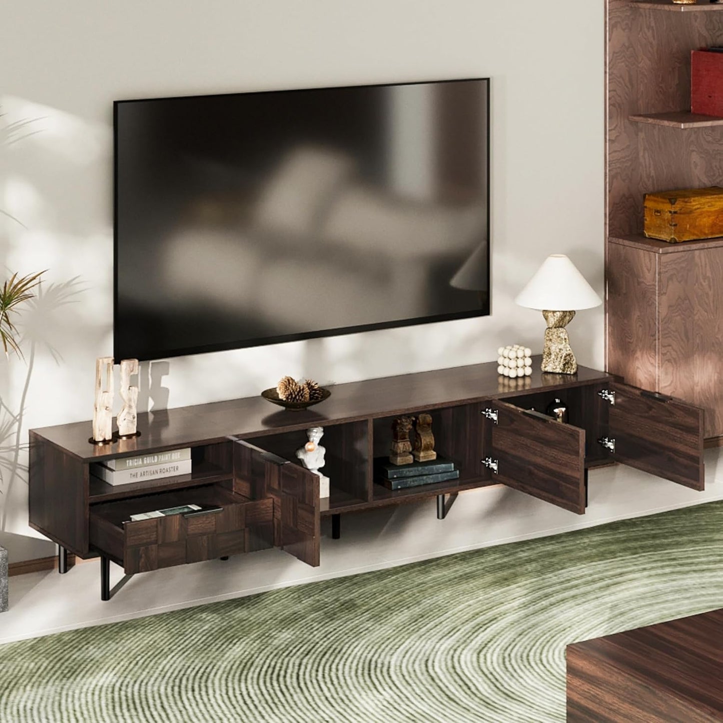 Modern TV Stand for TVs up to 85", Mid-Century Media Console with Checkered Cabinet Doors, Storage Drawers & Open Shelves, Wood Entertainment Center with Metal Legs