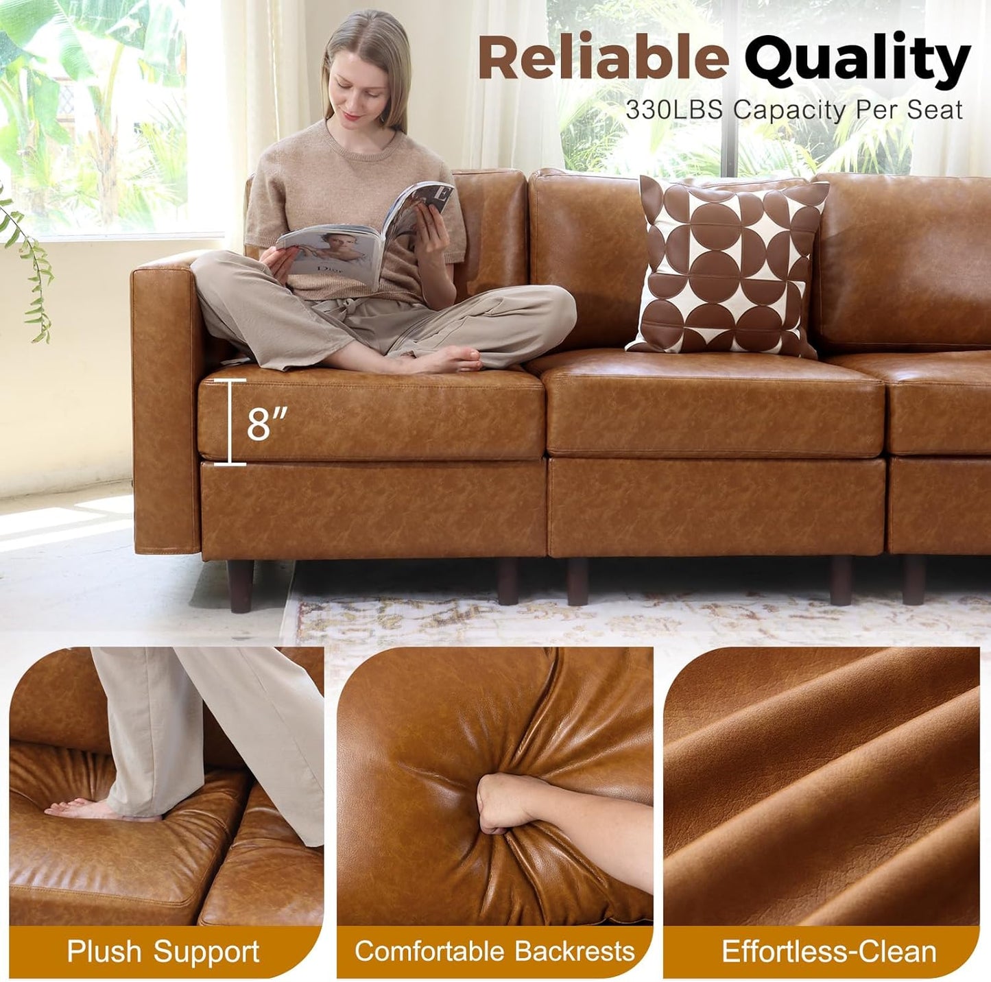 Oversized 172.5" Faux Leather Modular Sectional Sofa, Modern Large 11 Seater U Shaped Couch with Storage Seat with Reversible Chaise Deep Seat for Living Room DIY Combination - Brown