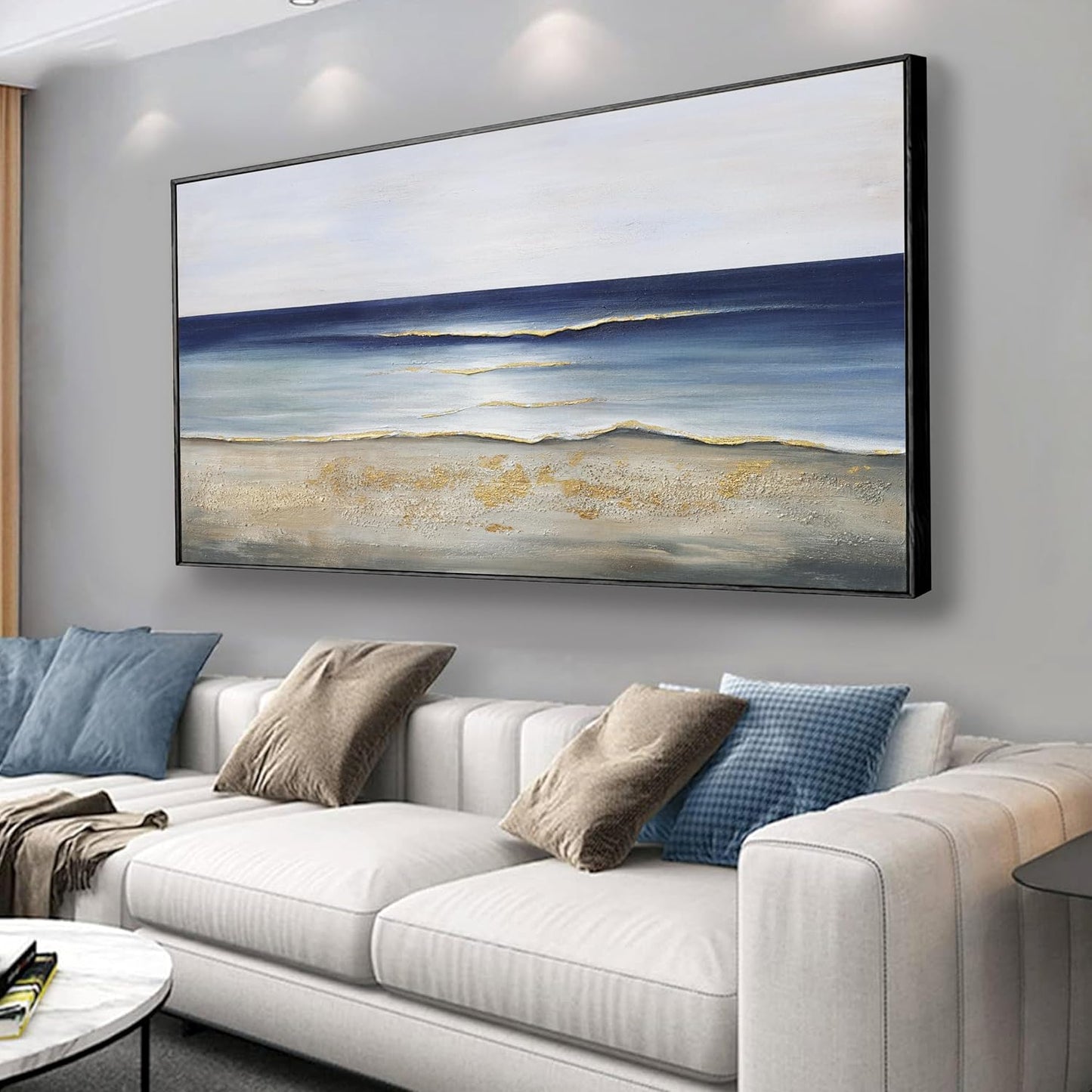 Yuaxker Ocean Wall Art Blue Wall Decor Trendy Framed Canvas Painting Modern Unique Artwork for Living Room Bedroom Dining Room Office Home Decor 20x40 Inch