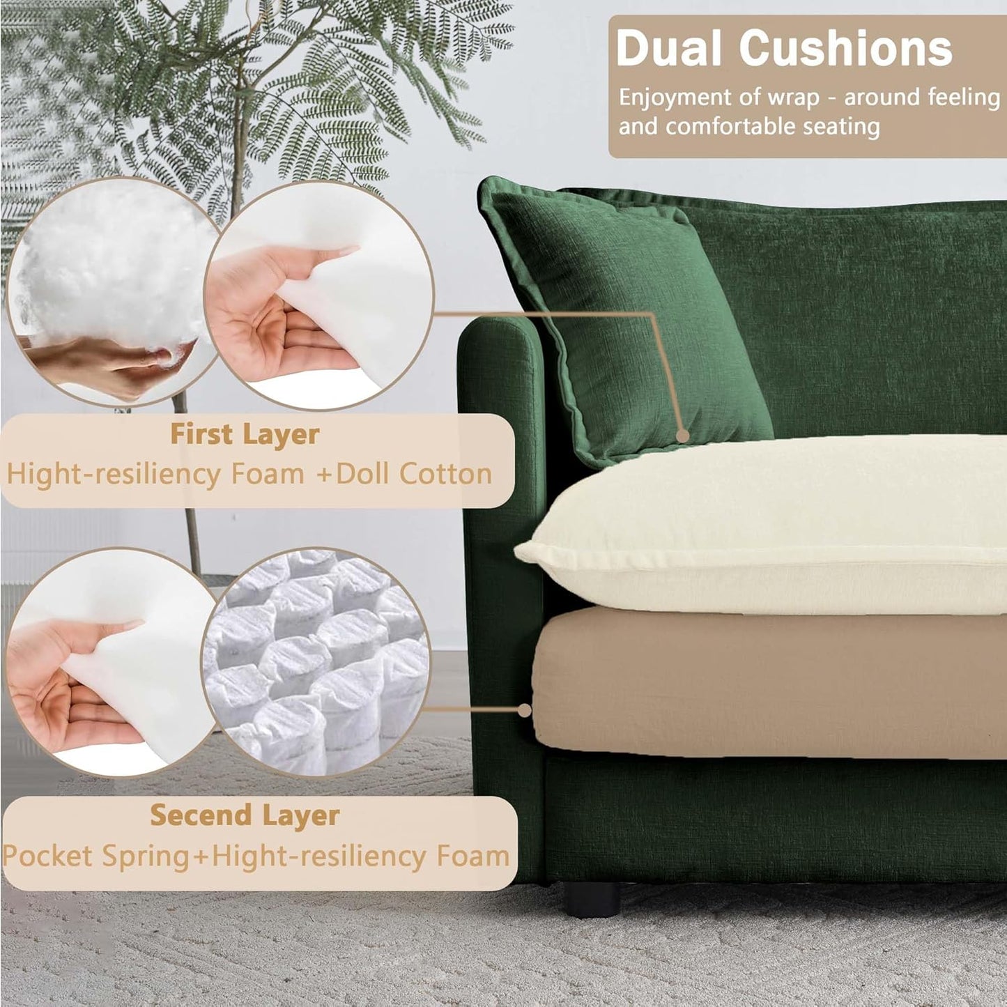 Sectional Sofa 3 Seater with Movable 1 Ottoman,Oversized Modular Couch Deep Seat (Green, 111.5 inch-L)