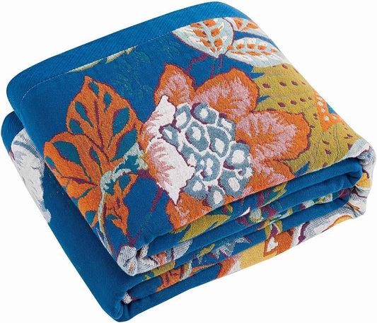 Boho Throw Blanket, Blue Lightweight Blankets for Summer, 100% Cotton Bohemian Decorative Throw Blanket, 90"x98" Reversible Muslin Breathable Woven Farmhouse Blankets Quilt,