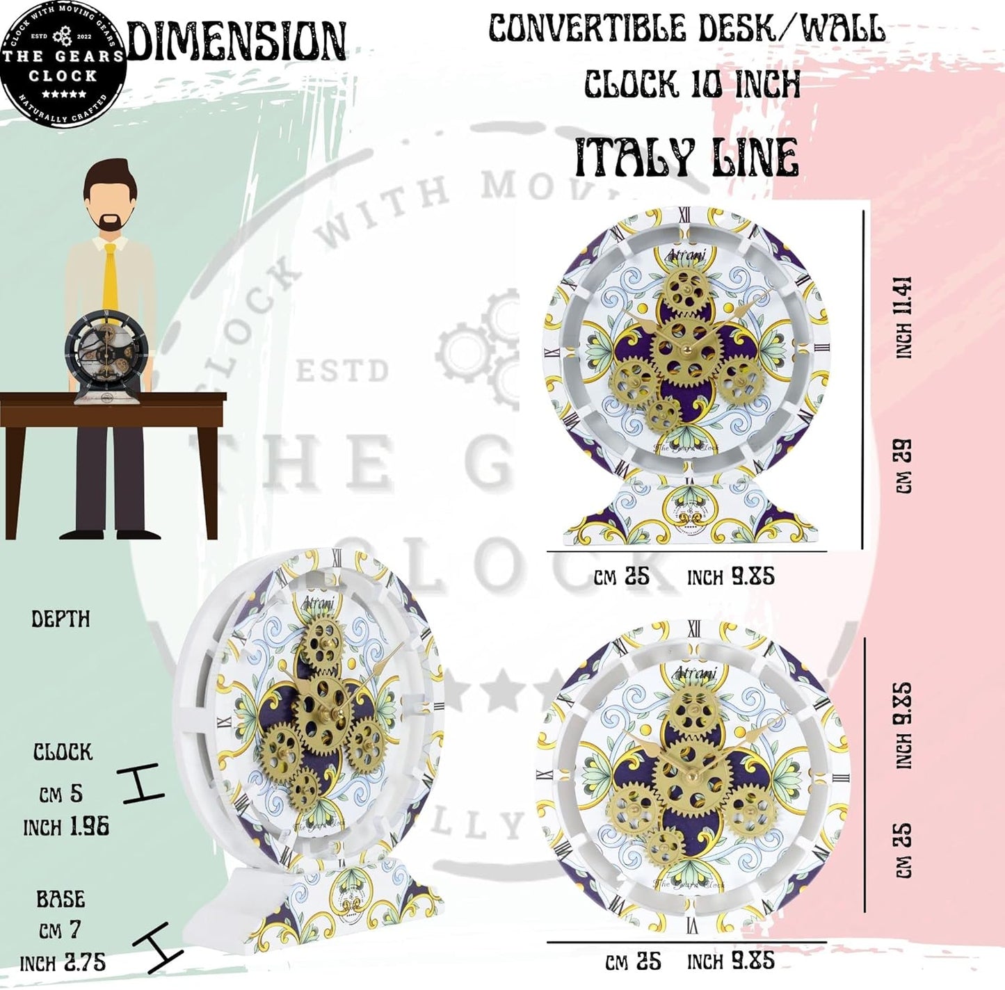 The Gears Clock Wall Clock Italy Collection with Moving Gears (Vietri, 10 inch Round)