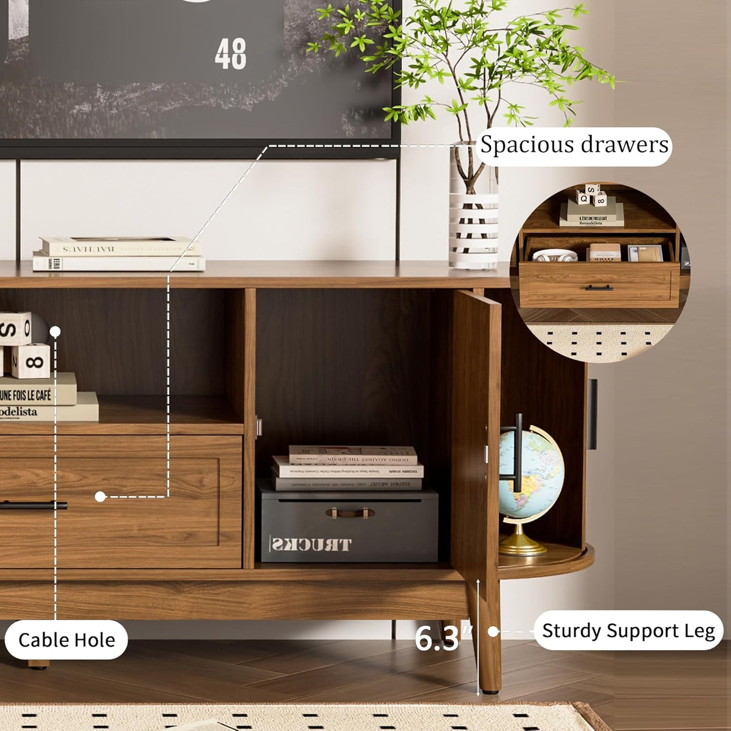 63" Fluted TV Stand for Tvs up to 70", Mid-Century Modern Entertainment Center with Drawers and Fluted Doors, Curved TV Media Console Table with Sliding Doors for Living Room, Bedroom (63")