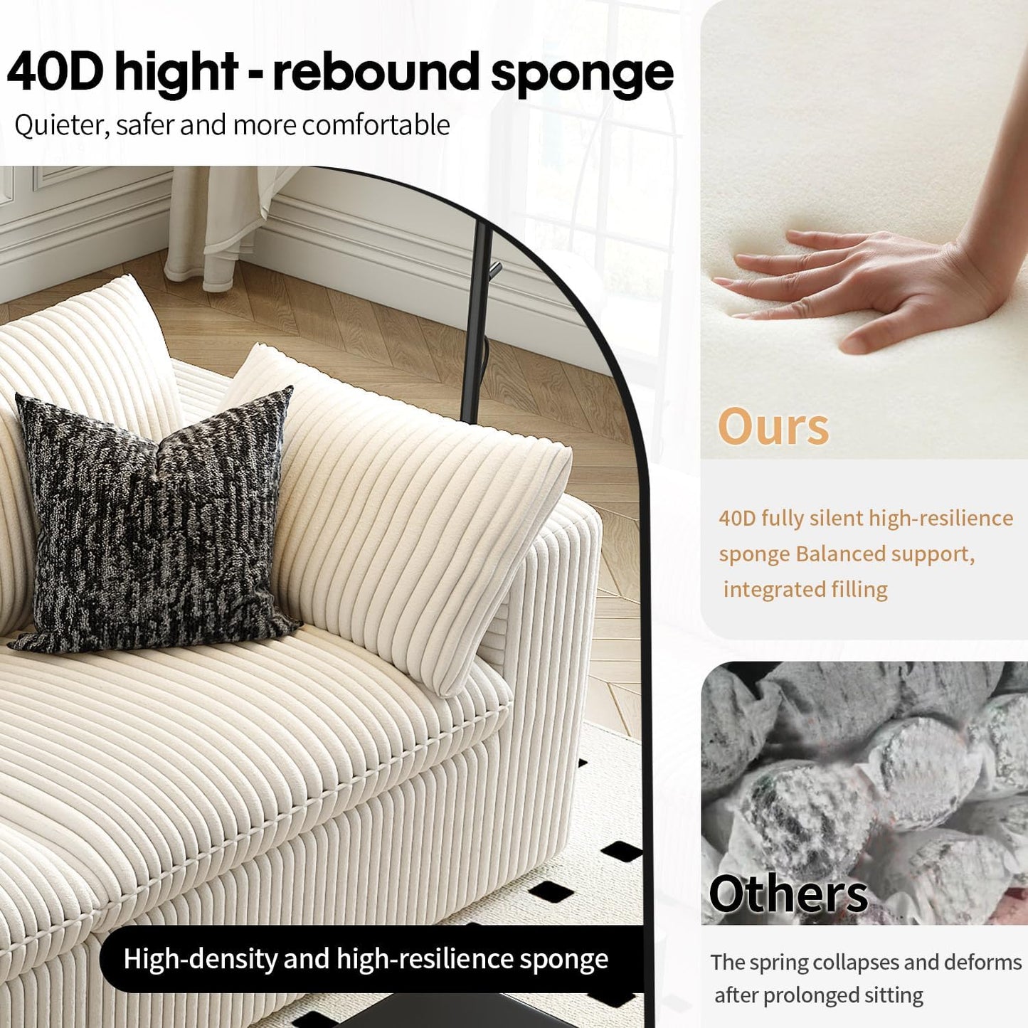 LoveSeat Cloud Couch Modular Sectional Sofa for Living Room,Modern Sofa with Deep Seat，2 Seater Boneless Couch with Ottoman,Comfy Upholstered Couches for Apartment, Studio, Office,Bedroom，White