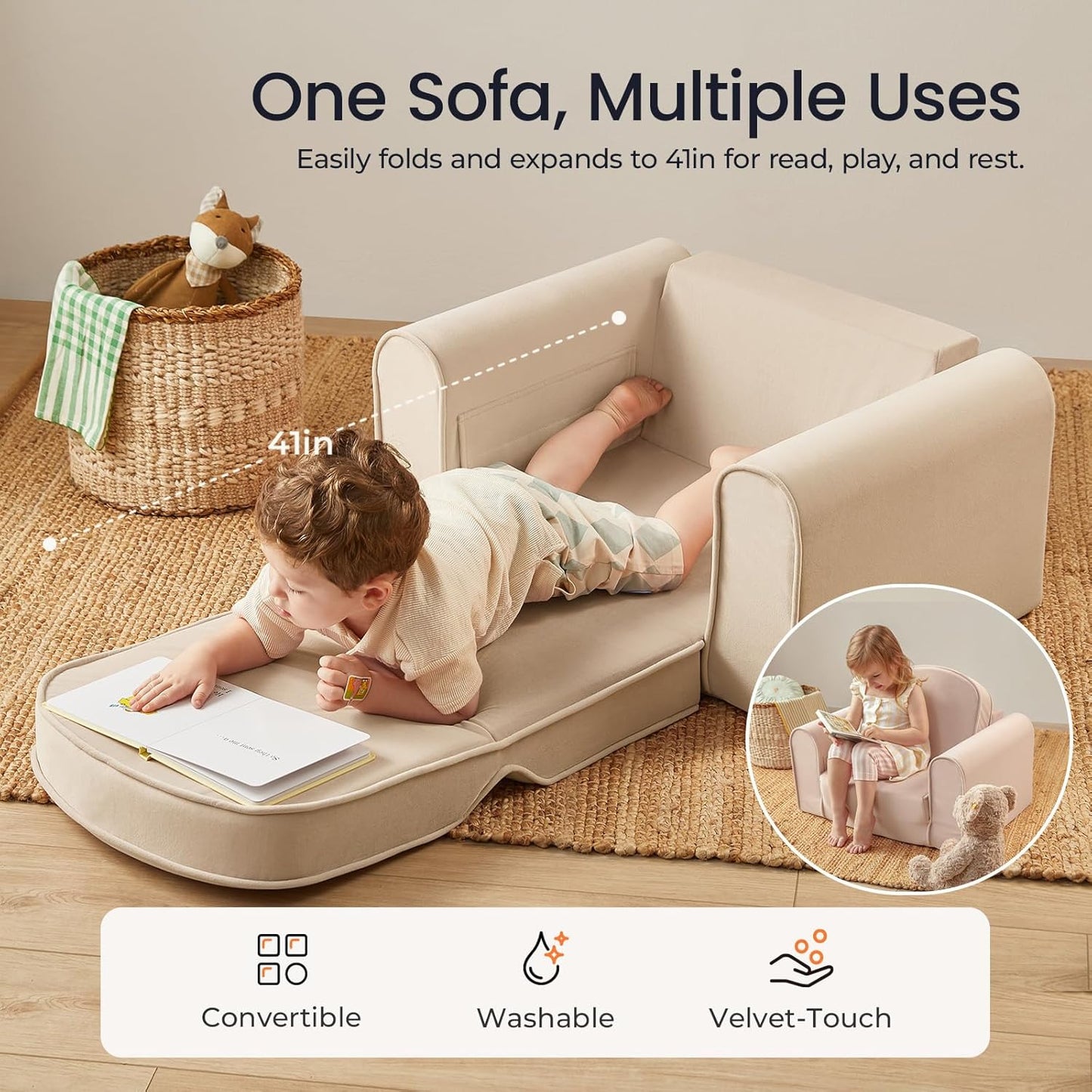 Tiny Land 2-in-1 Foldable Kids Couch with Pockets – Soft Thick Toddler Sofa, Lounger Couch, Convertible Kids Chair for Playroom, Bedroom or Living Room, Gift for Boys & Girls(Beige)