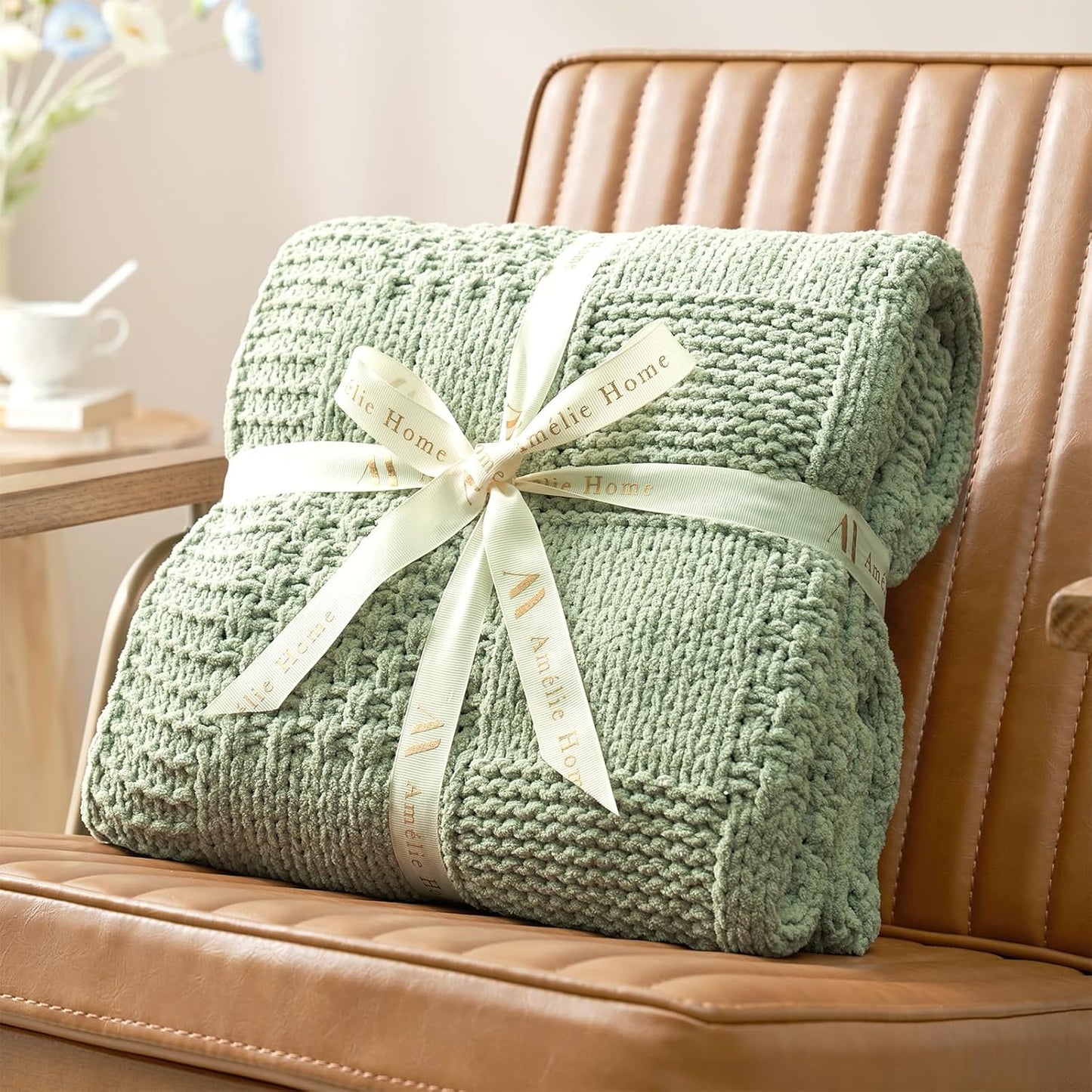 Amélie Home Chenille Knit Throw Blanket for Couch, Checkered Texture Decorative Soft Blanket for Sofa, Bed & Living Room, 60"x80", Sage Green