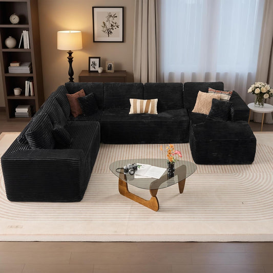 HOOOWOOO Cloud Sectional Couches for Living Room,Modular Sectional Sofa No Assembly,133X108 Inch Plush Corduroy Large U Shaped Floor Couch Set with Deep Seat Right Chaise(Black)