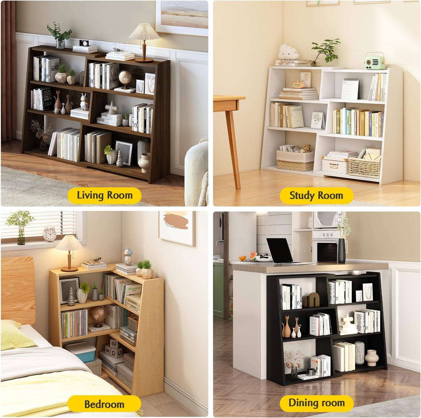 IOTXY Wooden Extendable Shelf Bookcase - 3-Tier Ladder Low Short Bookshelf for Small Space or Corner, Dark Walnut, L