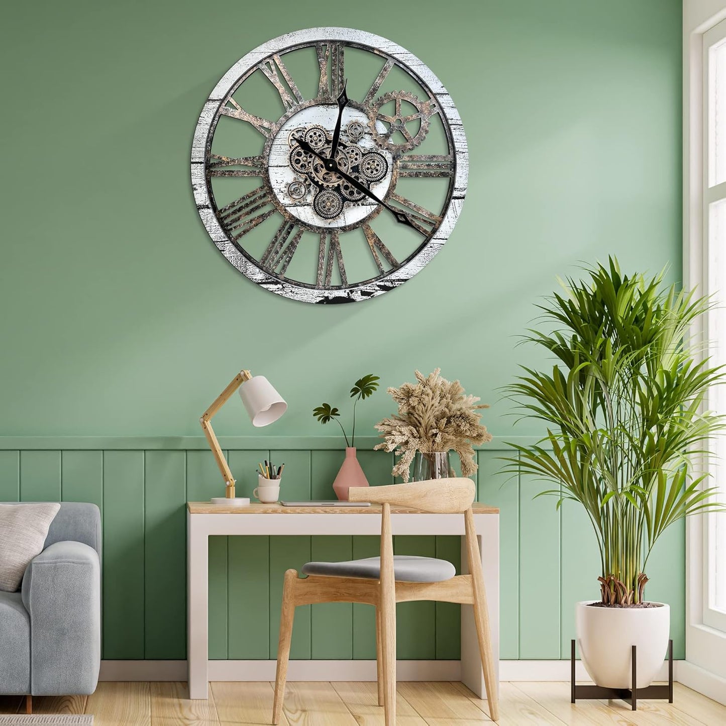 HOIBAI Large Wall Clock, Wall Clocks for Living Room Decor 36 Inch Farmhouse Vintage Rustic Kitchen Wall Decor Vintage Roman Oversized Wall Clock for Home Bedroom House, Moving Gears Clock