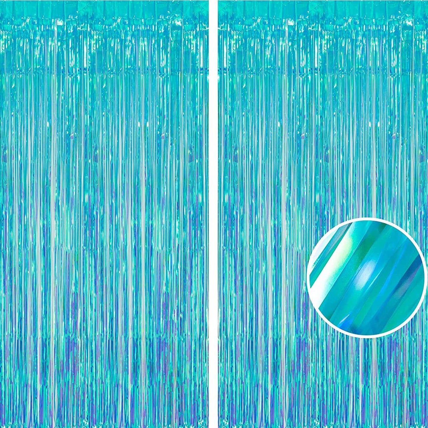 BRAVESHINE Party Decorations Iridescent Foil Fringe Backdrop - 2 Packs 3.2 x 6.5 ft Holographic Tinsel Backdrop Party Streamers Curtain for Birthdays Mermaid Sea Frozen Christmas Parties - Clear Blue