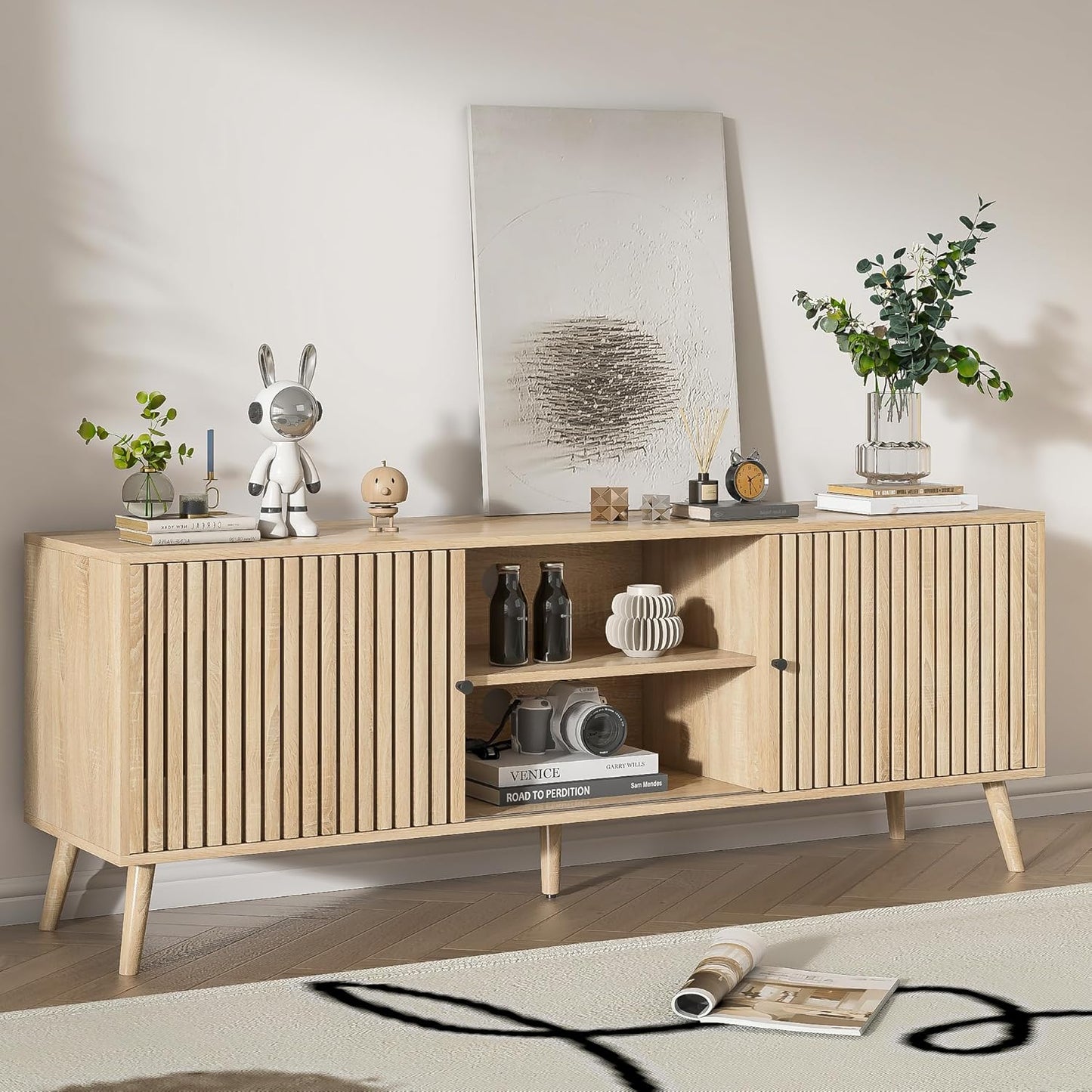 Mid Century Modern TV Stand for Televisions up to 70 Inches, with Sliding Doors and Storage, Television Stands, TV Consoles, Media Consoles for Living Room, 63 Inch (Natural)