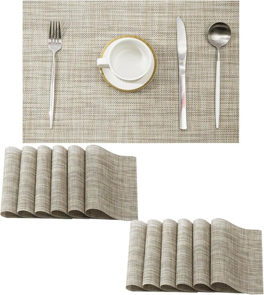 Leetaltree Linen Yellow Placemats Set of 12 - Heat Resistant Non-Slip Place mats for Dining Table, Washable Durable PVC Vinyl Woven Table Mats（Linen Yellow, 12）
