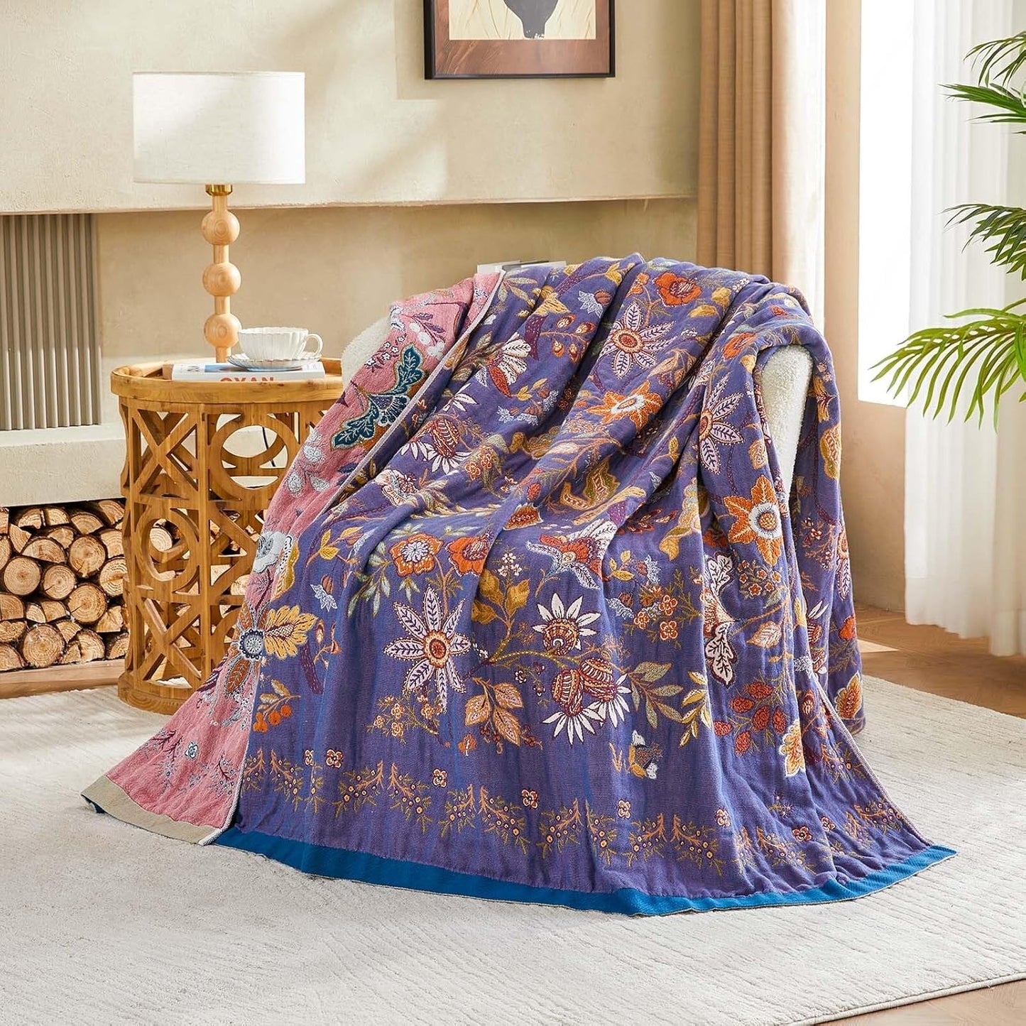 Boho Blanket, 100% Cotton Farmhouse Decorative Throw Blanket, 80"x90" Reversible Bohemian Throw Blanket, Purple All Season Muslin Breathable Woven Blankets Quilt