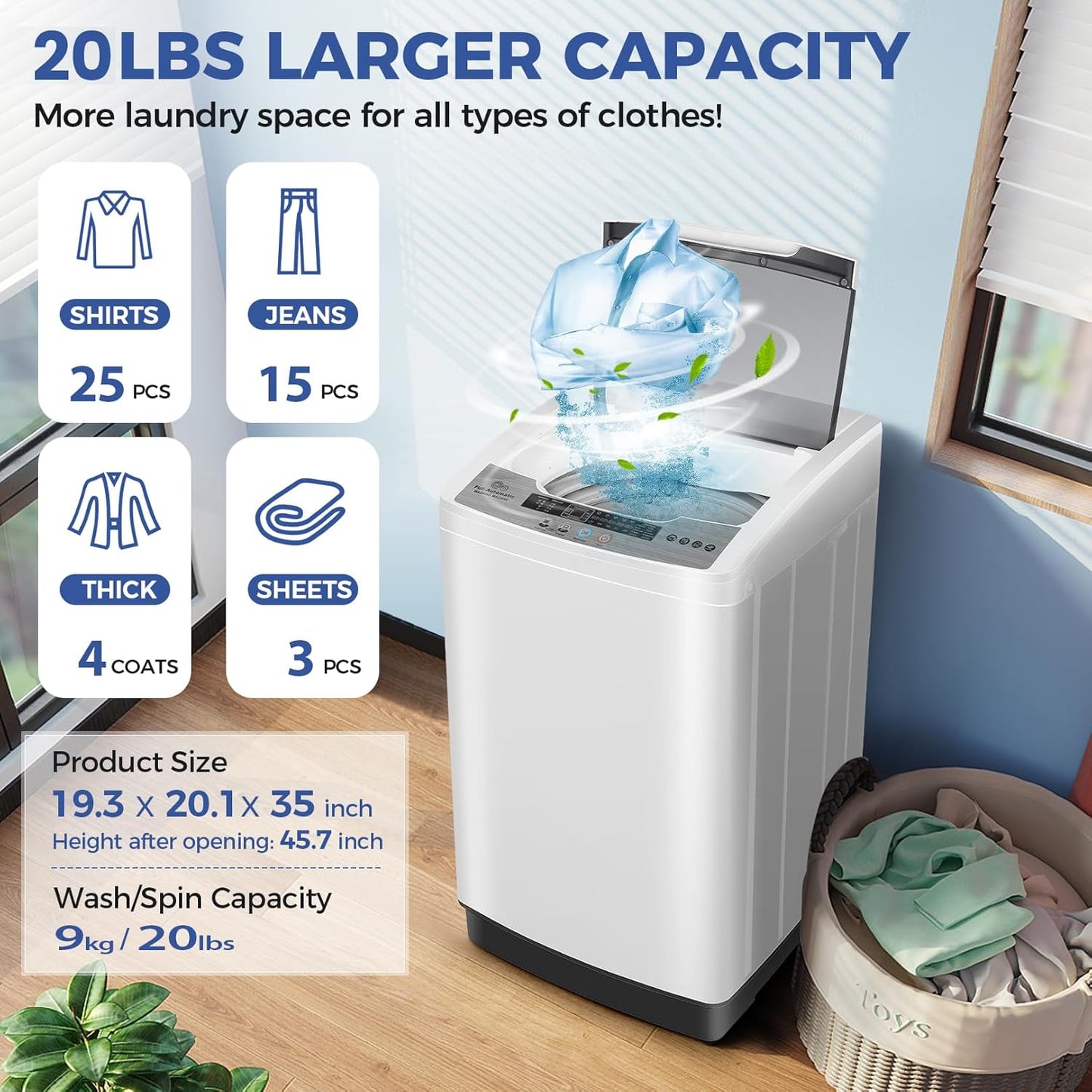 Nictemaw Portable Washing Machine, 20Lbs Capacity Full-Automatic Portable Washer Machine, 2.8Cu.ft Washer and Dryer Combo with 10 Programs 8 Water Levels for Apartment, Dorms, RV