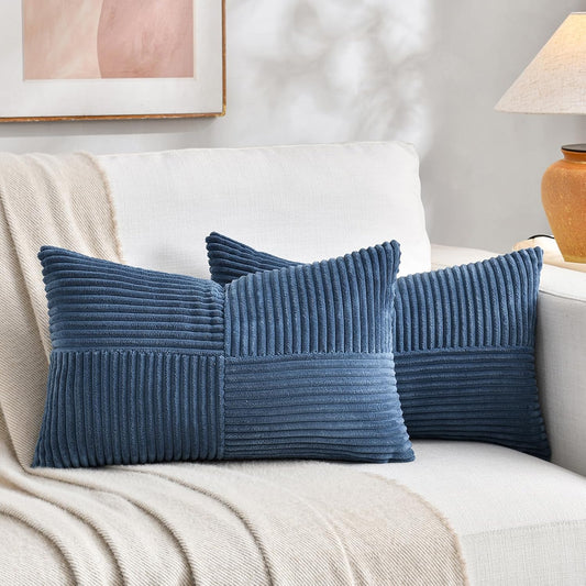 Fancy Homi 2 Packs Dusty Blue Long Lumbar Decorative Throw Pillow Covers 12x24 Inch for Couch Bed Sofa, Rustic Farmhouse Boho Home Decor, Soft Striped Corduroy Rectangle Accent Cushion Case 30x60 cm