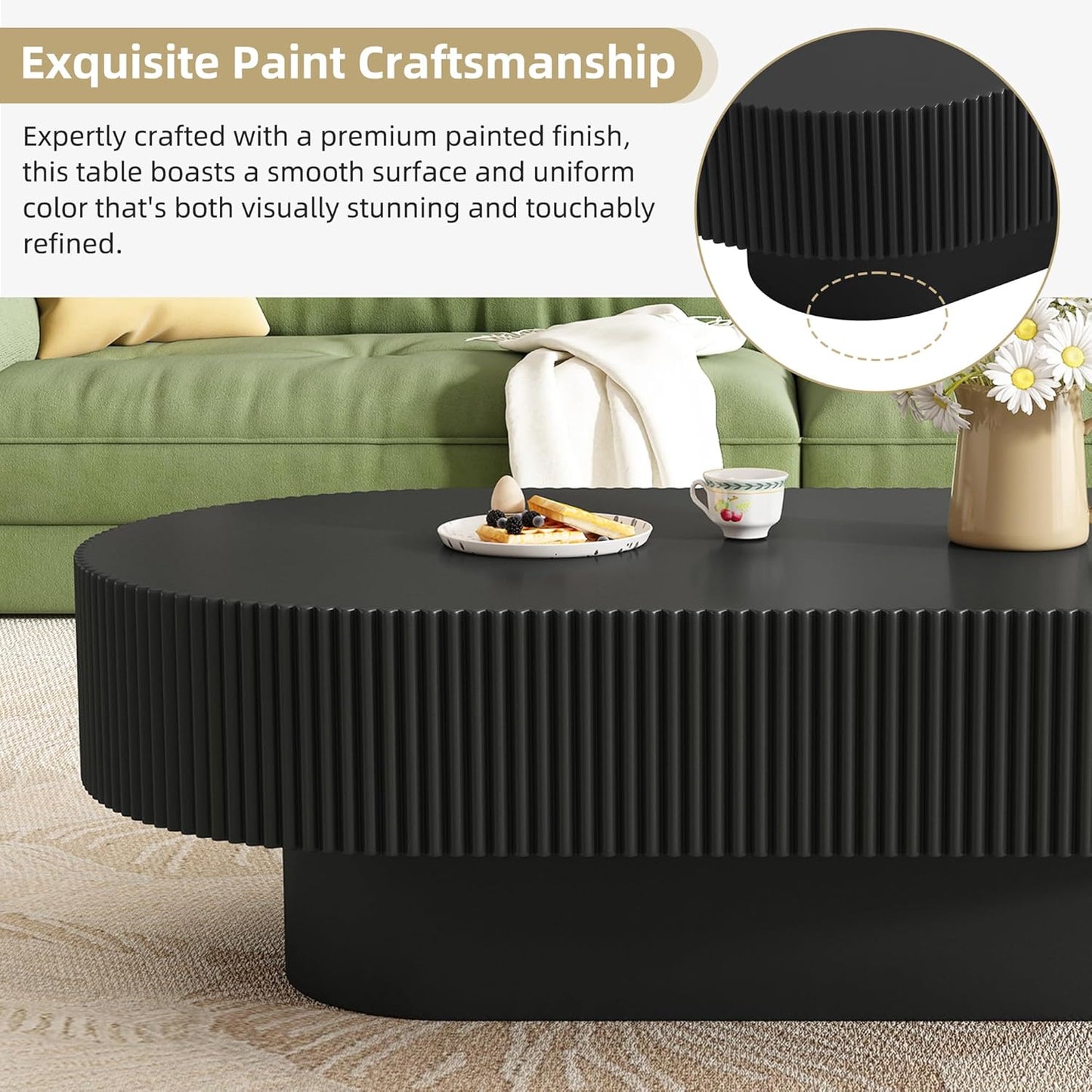 43.3" Oval Fluted Coffee Table Modern Elegant Drum End Table, Minimalist Center Table 7.8" Thick Tabletop with Sturdy Base for Living Room, Bedroom, Apartment,Easy Assembly, Black