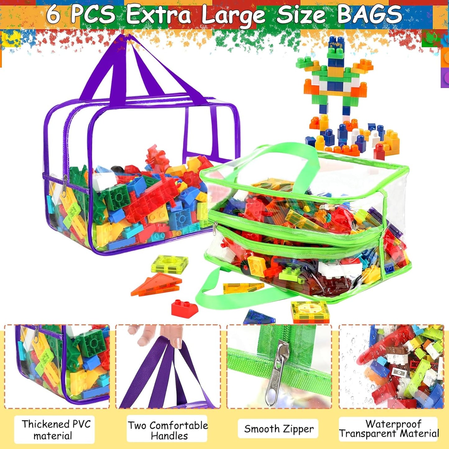 6 Colors Widen X-Large Toy Storage Bags 12.6×9.25×6.9In with Labels, Reusable Clear PVC Board Game Storage, Travel Waterproof Organizer Bags with Zipper for Building Blocks, Puzzle, Stuffed Animals