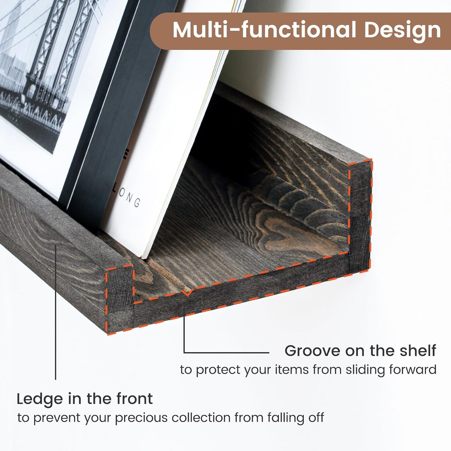 Picture Ledge Wall Shelves - 36 Inch Width Set of 3, Solid Pine Wood Rustic Floating Ledge Shelves for Kids' Room, Bedroom, Kitchen, Bathroom, Living Room, Nursery Display Wall Decor, Grey