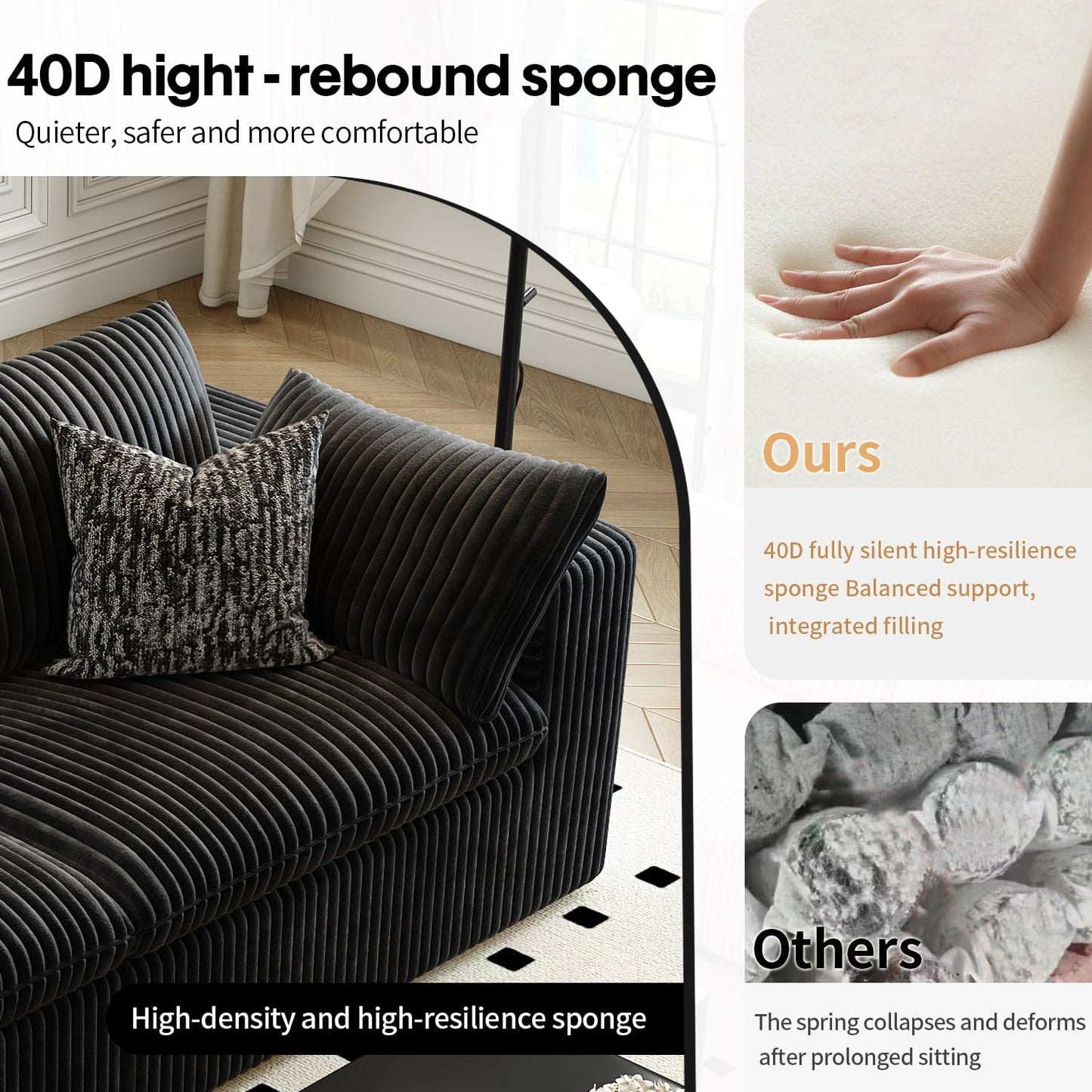 LoveSeat Cloud Couch Modular Sectional Sofa for Living Room,Modern Sofa with Deep Seat，2 Seater Boneless Couch with Ottoman,Comfy Upholstered Couches for Apartment, Studio, Office,Bedroom，Black