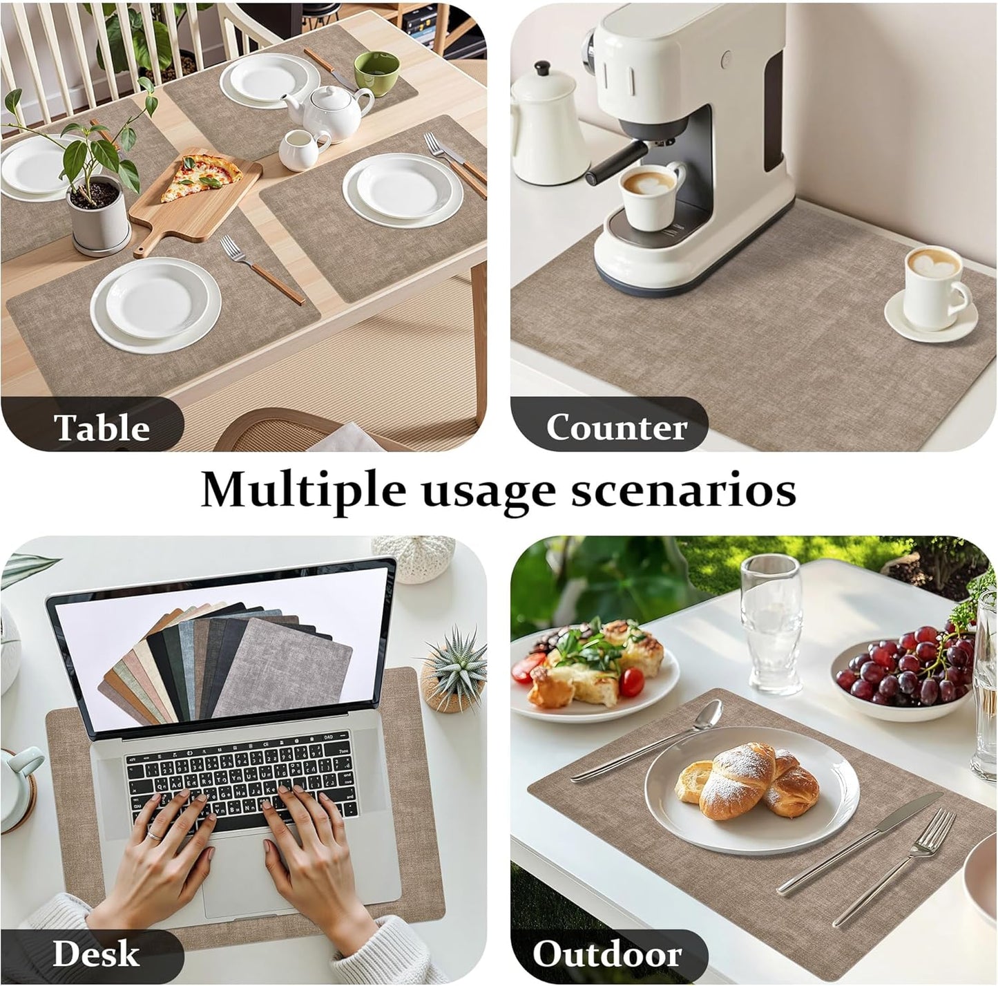 FROMHEART Faux Leather Placemats Set of 8–Waterproof,Heat/Oil Stain-Resistant PU Table Mat–Reversible,Non-Slip,Easy to Clean Place Mats for Kitchen,Dining,Indoor/Outdoor,(Light Coffee,11.8" x 17")