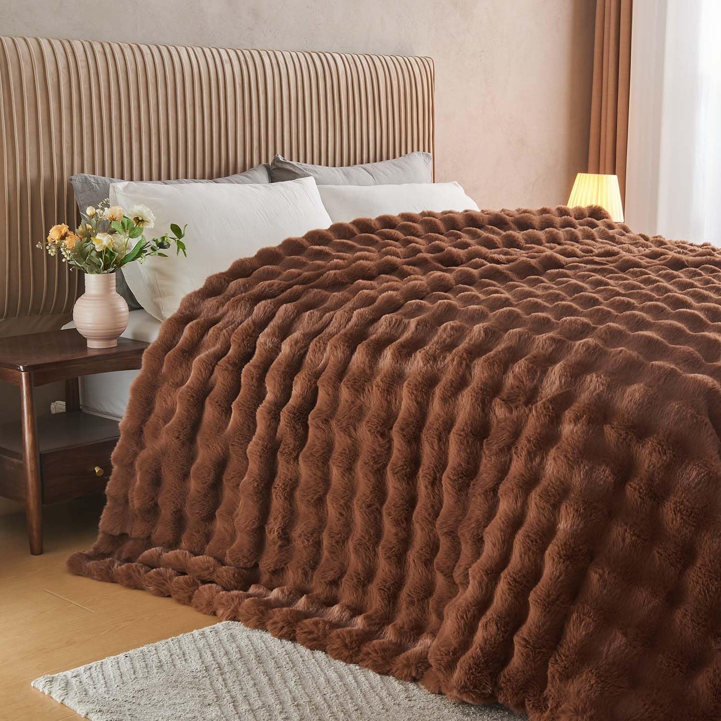 Lotus Karen Faux Fur Throw Blanket Dark Coffee - Big Bubble Rabbit Fluff Blanket for Couch Bed Sofa,Softest Fluffy Fuzzy Cozy Blanket,Thick Furry Plush Shaggy Warm Blankets for Women,50x60 Inches