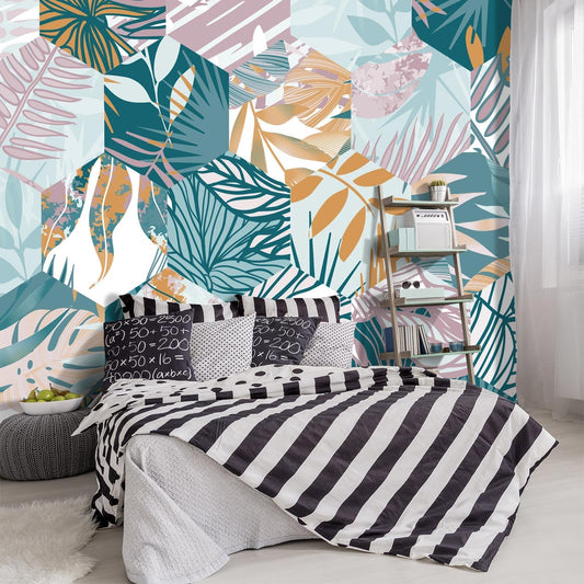 -Abstract Geometry Botanical Banana Leaf Fabric Wallpaper Living Room Bedroom Bathroom Tropical Plant Leaf Wall Mural- 91"x65"（ not Peel and Stick）