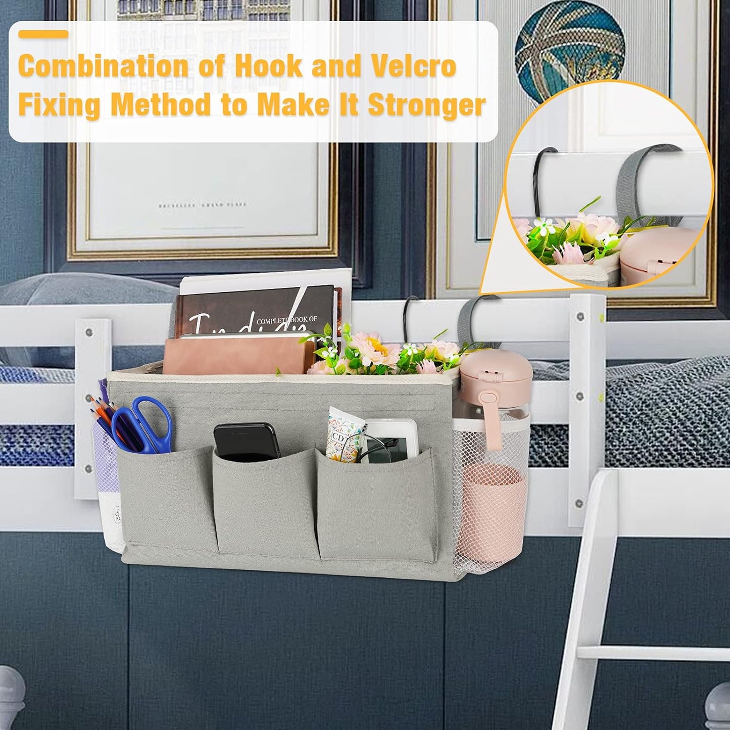 Bedside Caddy Organizer with Fixed Straps & Water Bottle Holder for Home, College Dorm, Bunk Bed, Hospital & Crib Bed Rails (2 pcs, Grey)