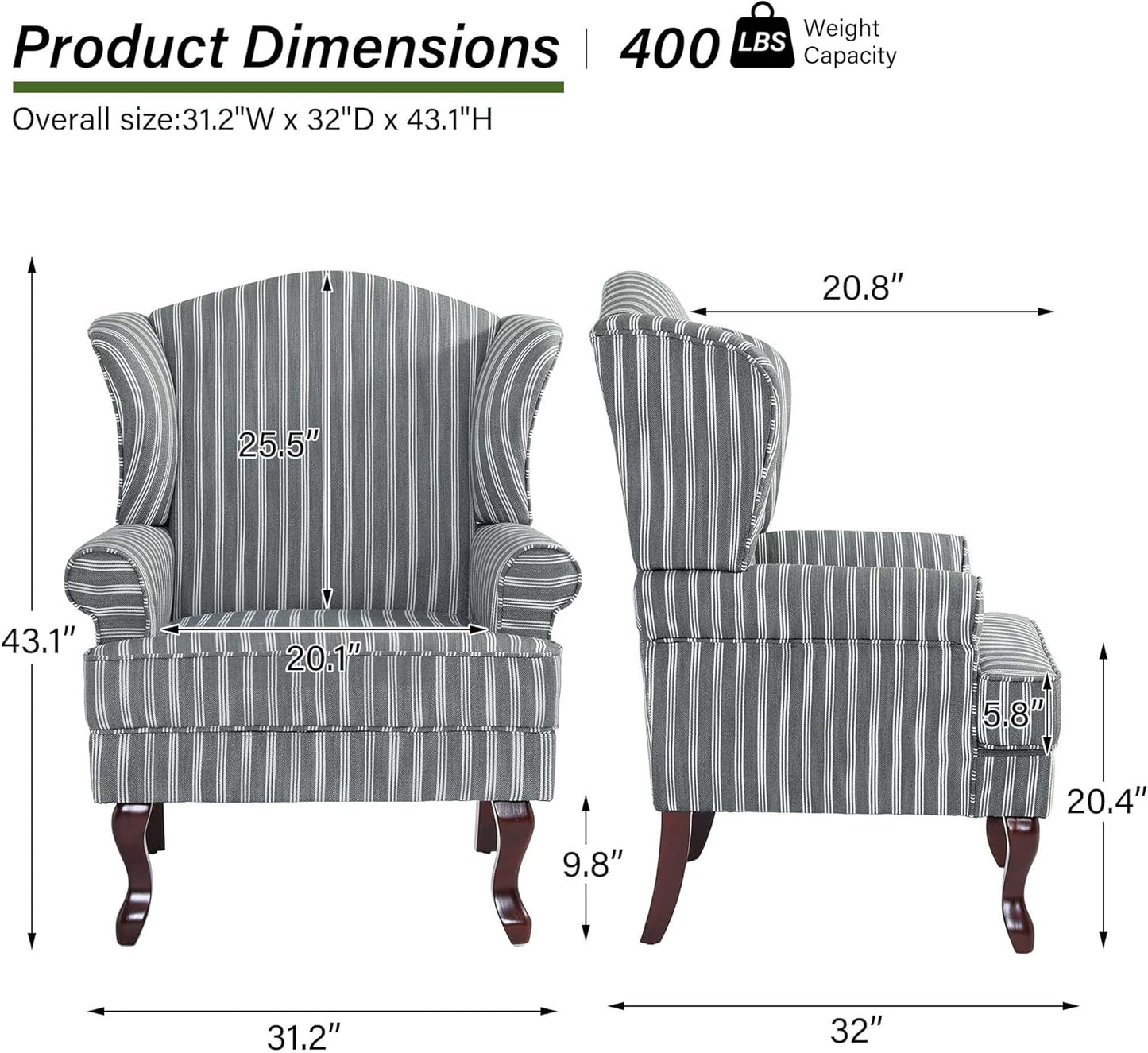Accent Chair, High Back Upholstered Armchair with High Resilience Sponge & Wood Legs, Mid-Century Modern Comfy Single Sofa Reading Chairs for Living Room, Bedroom (Stripe Grey, Set of 2)