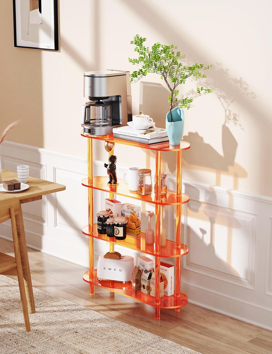 Clear Bookshelf, Acrylic Bookcase with Open Book Shelf for Office Living Room Bedroom (4 Tier Orange)