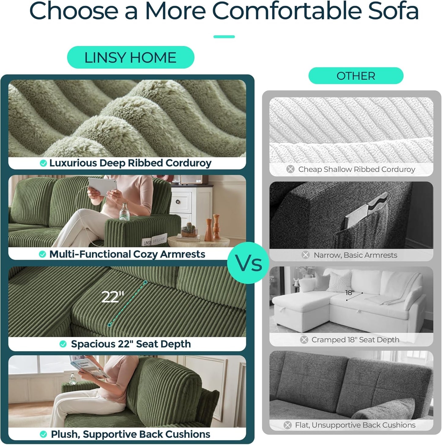 LINSY HOME Sectional Sleeper Sofa with Pull Out Couch Bed - Convertible Plush Corduroy Cloud Couch with Storage Chaise & USB Charging, Comfy U Shaped Modular Couches for Living Room, Green