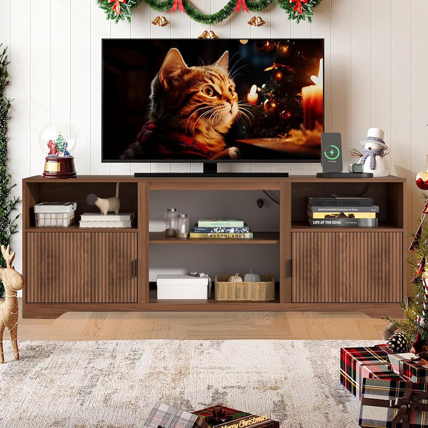 Fluted TV Stand for Tvs up to 80",Mid Century Modern TV Stand with Open Adjustable Shelf,Entertainment Center Wood TV Media Console with Cord Holes,TV Stand for Living Room Furniture Bedroom,Walnut