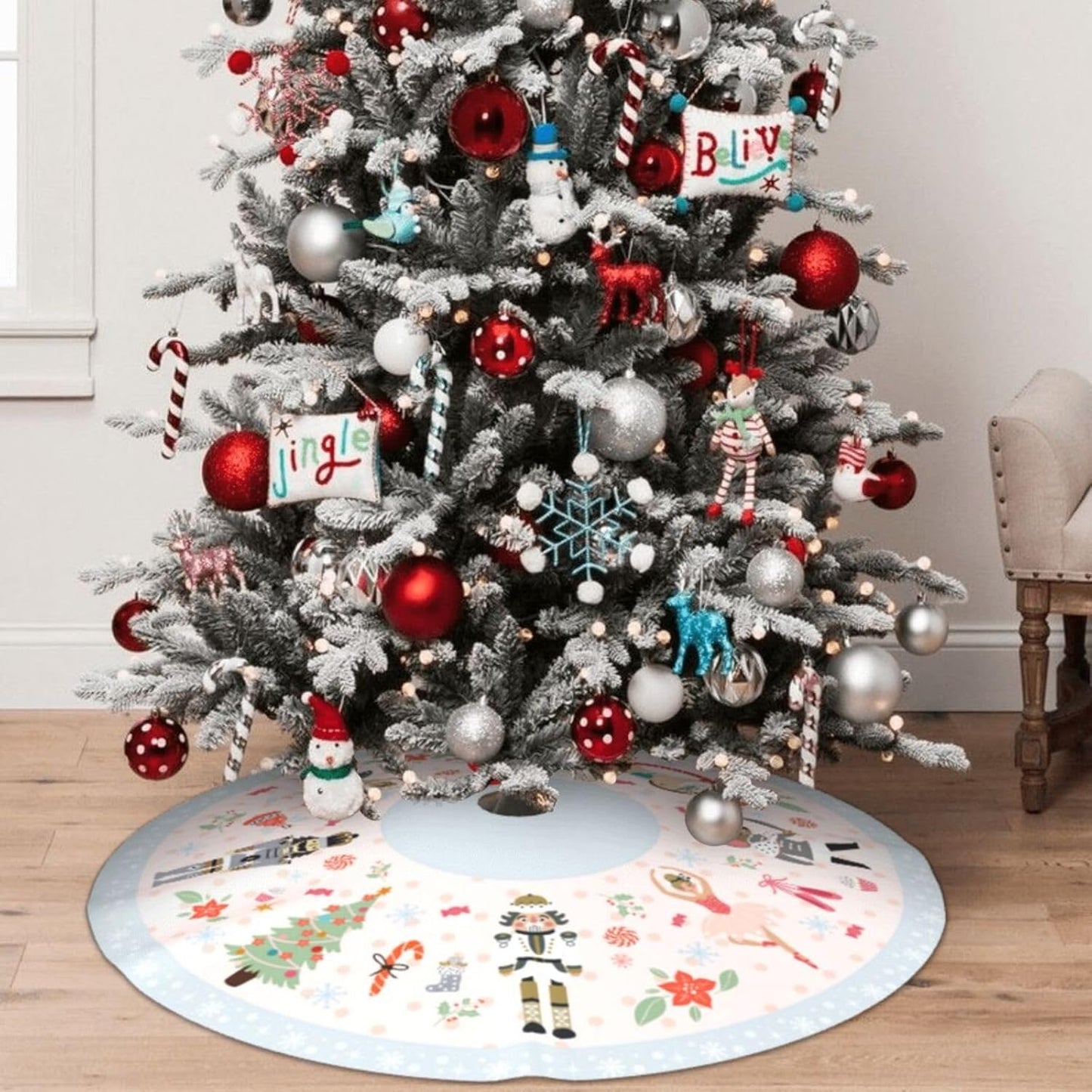 48" Large Christmas Tree Skirt, Cute Nutcracker Candy Pattern Tree Mat Base Cover for Xmas Festive Holiday Party Decoration Ornaments