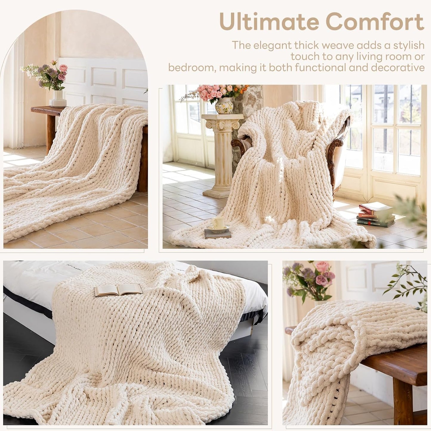 Chunky Knit Blanket - Luxury Soft Cozy50 * 60 Throw Blanket,100% Woven Blanket Rope Knot Throw Blanket for Couch, Sofa, Home Decor, Gift - Machine Washable（Cream）