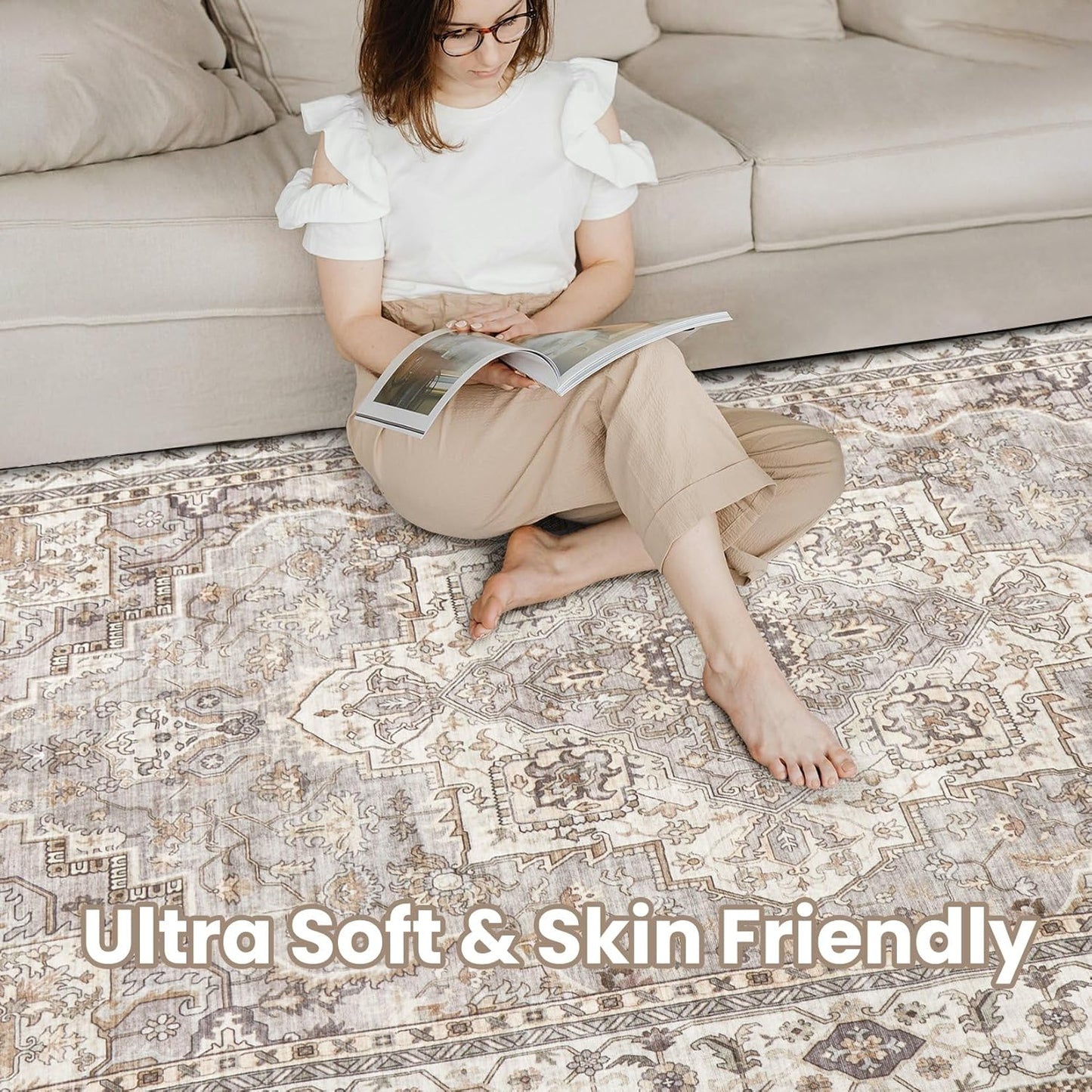 Washable Area Rugs for Living Room - 8x10 Neutral Vintage Distressed Floral Farmhouse Boho Large Soft Floor Rug Indoor Non Slip Carpet for Bedroom Dining Room Office - Grey Brown