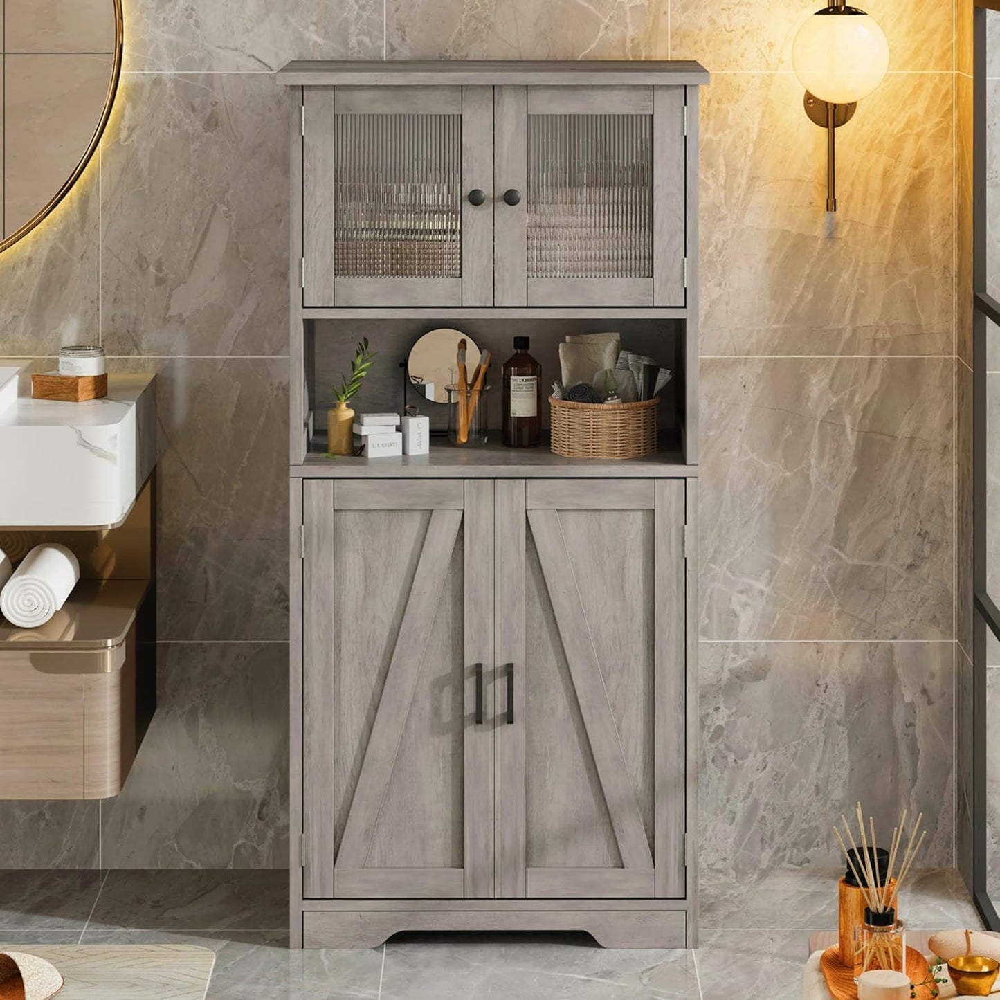 GarveeHome 54in Tall Bathroom Cabinet, Farmhouse Storage Cabinet with Glass Doors and Adjustable Shelves, Freestanding Kitchen Pantry Cabinets, Cupboard for Living Room, Dining Room, Gray